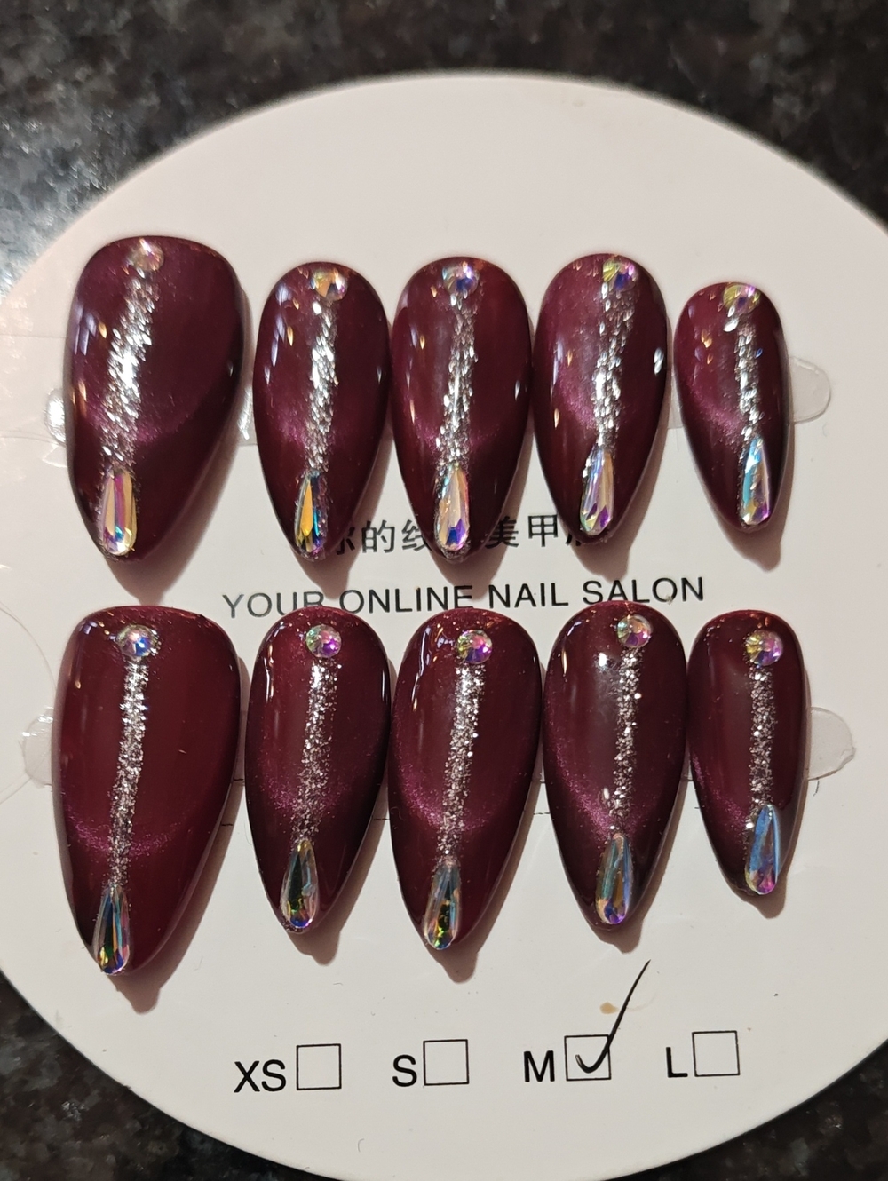Elegant Wine Red Press-On Nails with Crystal Accent - Unbranded